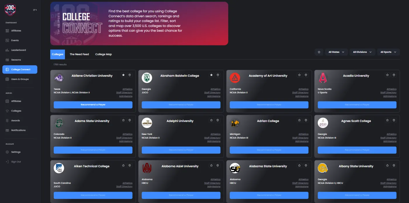 Example College Connect screen listing colleges with filters
